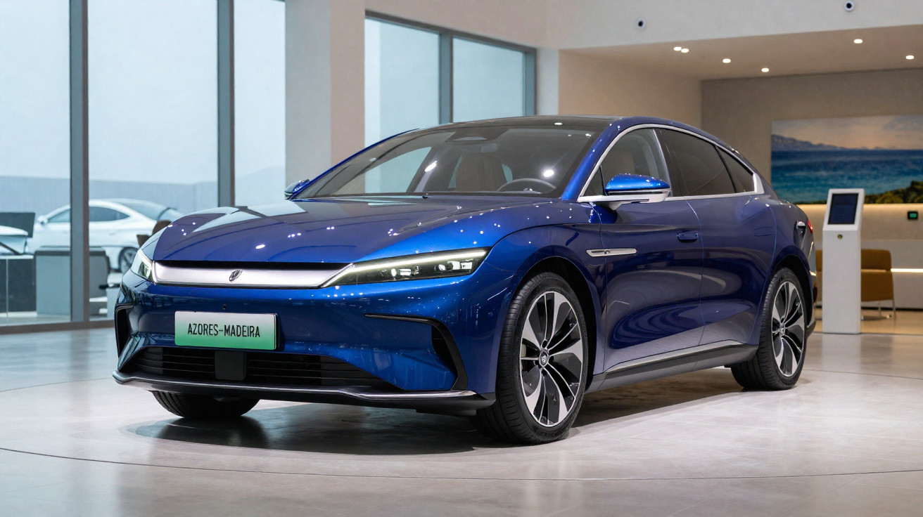 Sleek blue electric car displayed indoors with modern design and Azores-Madeira license plate.