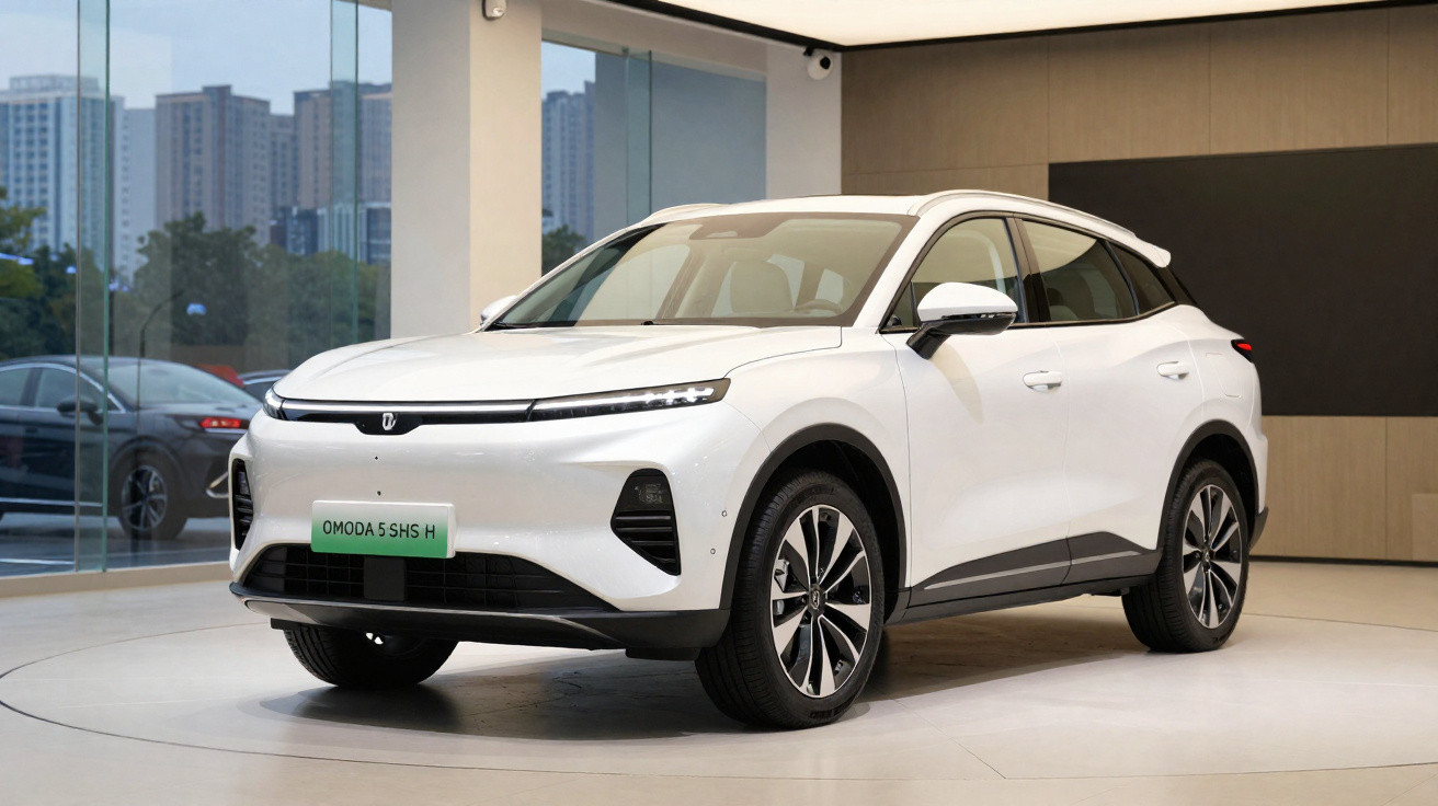White Omoda 5 SHS H electric SUV displayed in a modern showroom with glass walls and city view outside.
