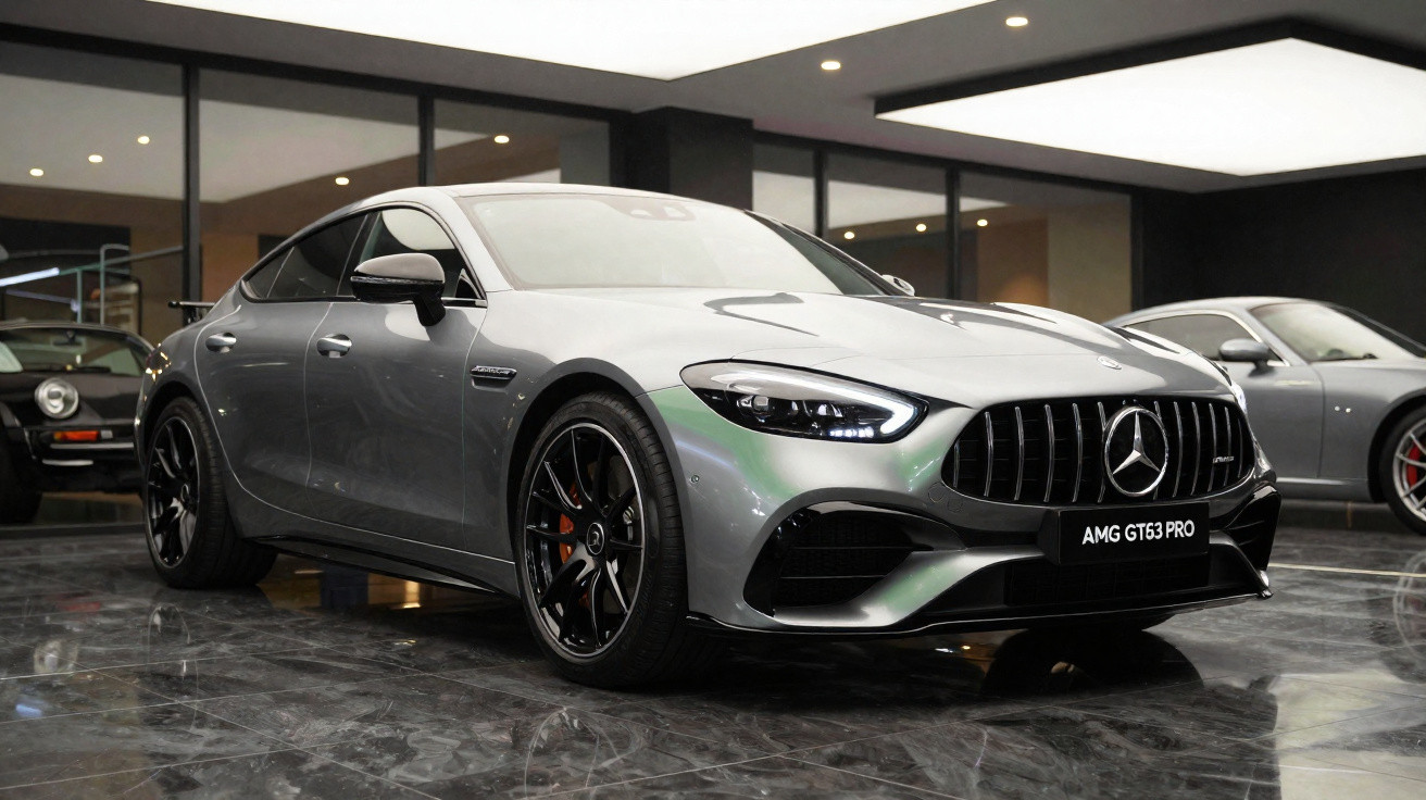 Silver Mercedes-Benz AMG GT 53 PRO parked indoors with black alloy wheels and glossy marble floor reflections.