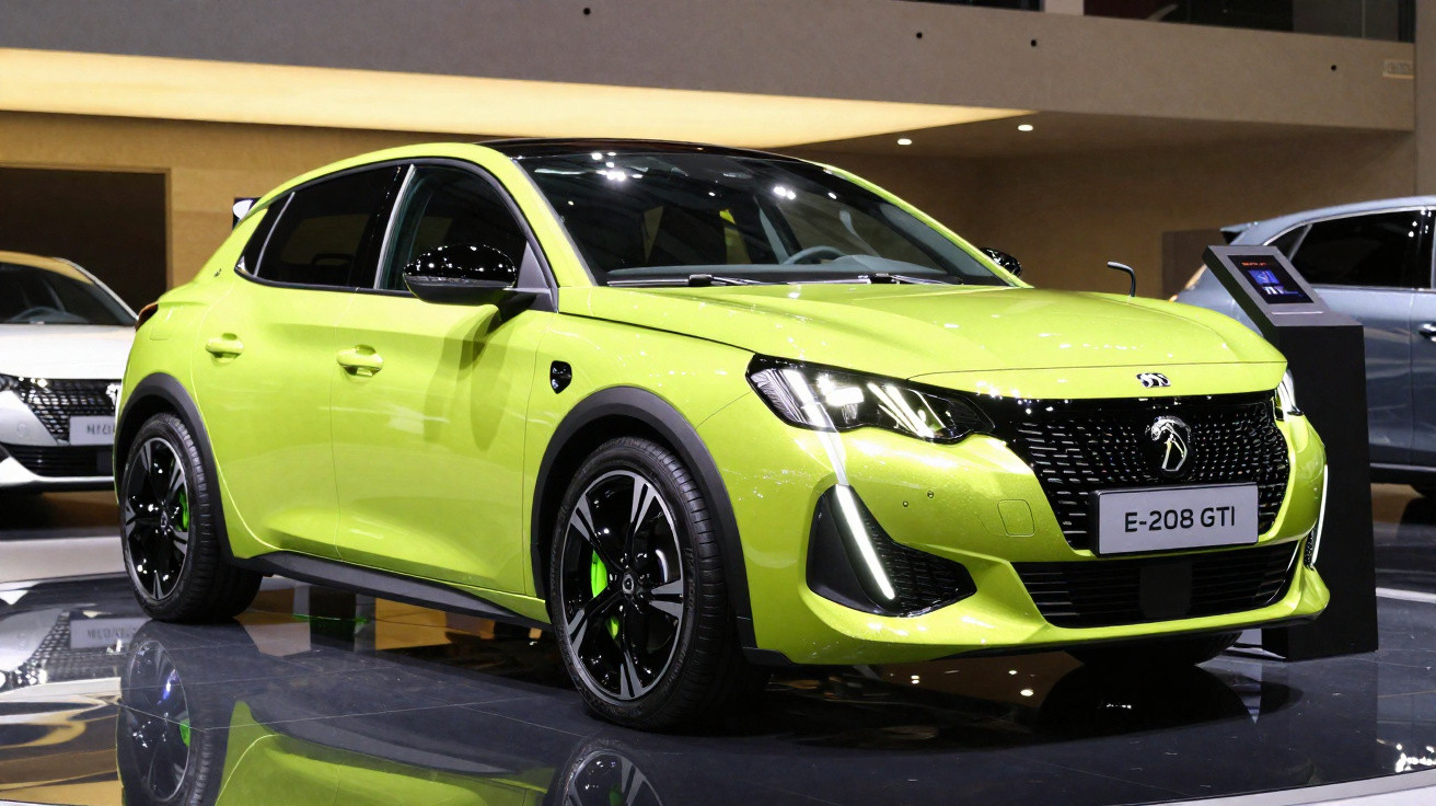 Bright green Peugeot E-208 GTI electric hatchback displayed indoors on reflective floor.