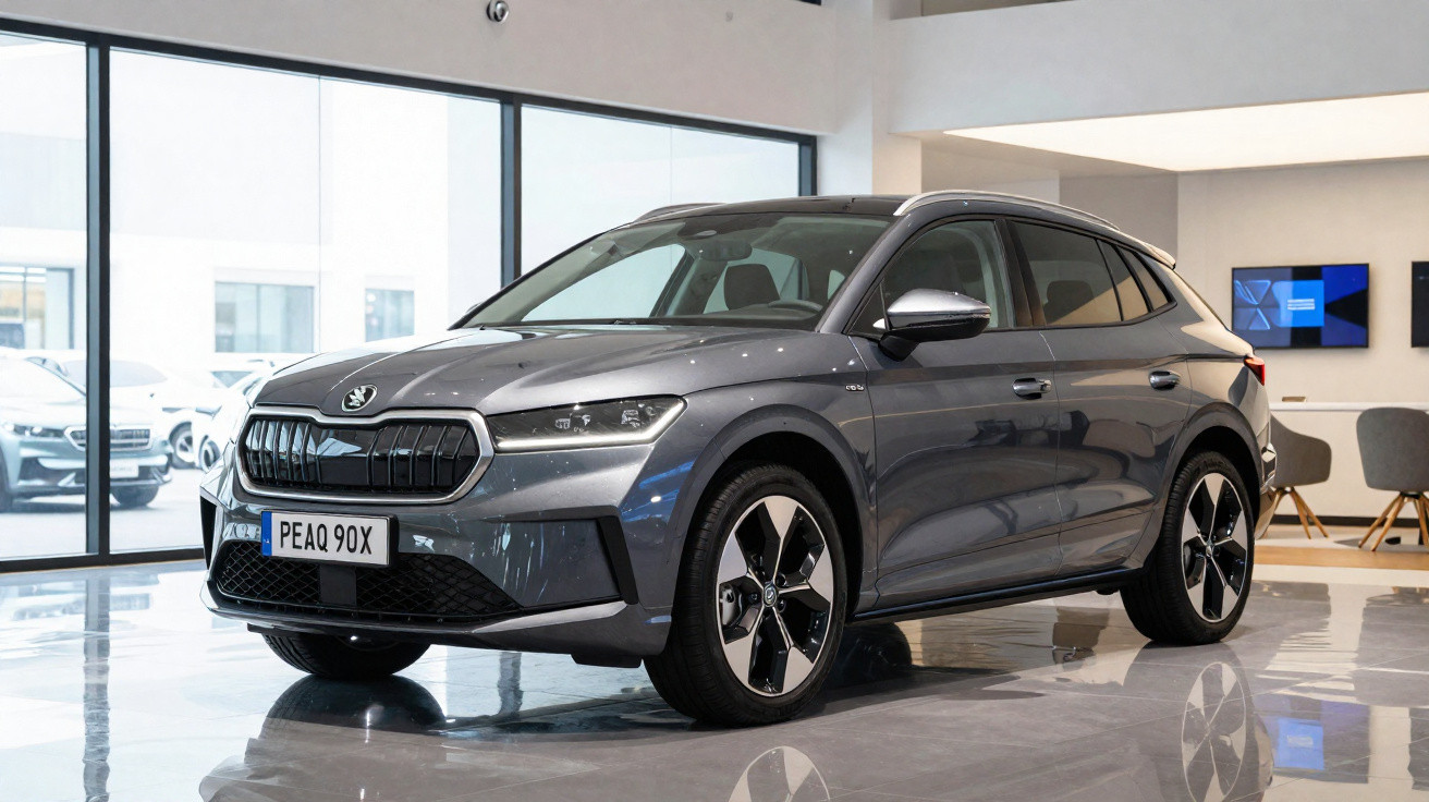 Grey Skoda Enyaq electric SUV parked indoors on shiny showroom floor with large windows in background.