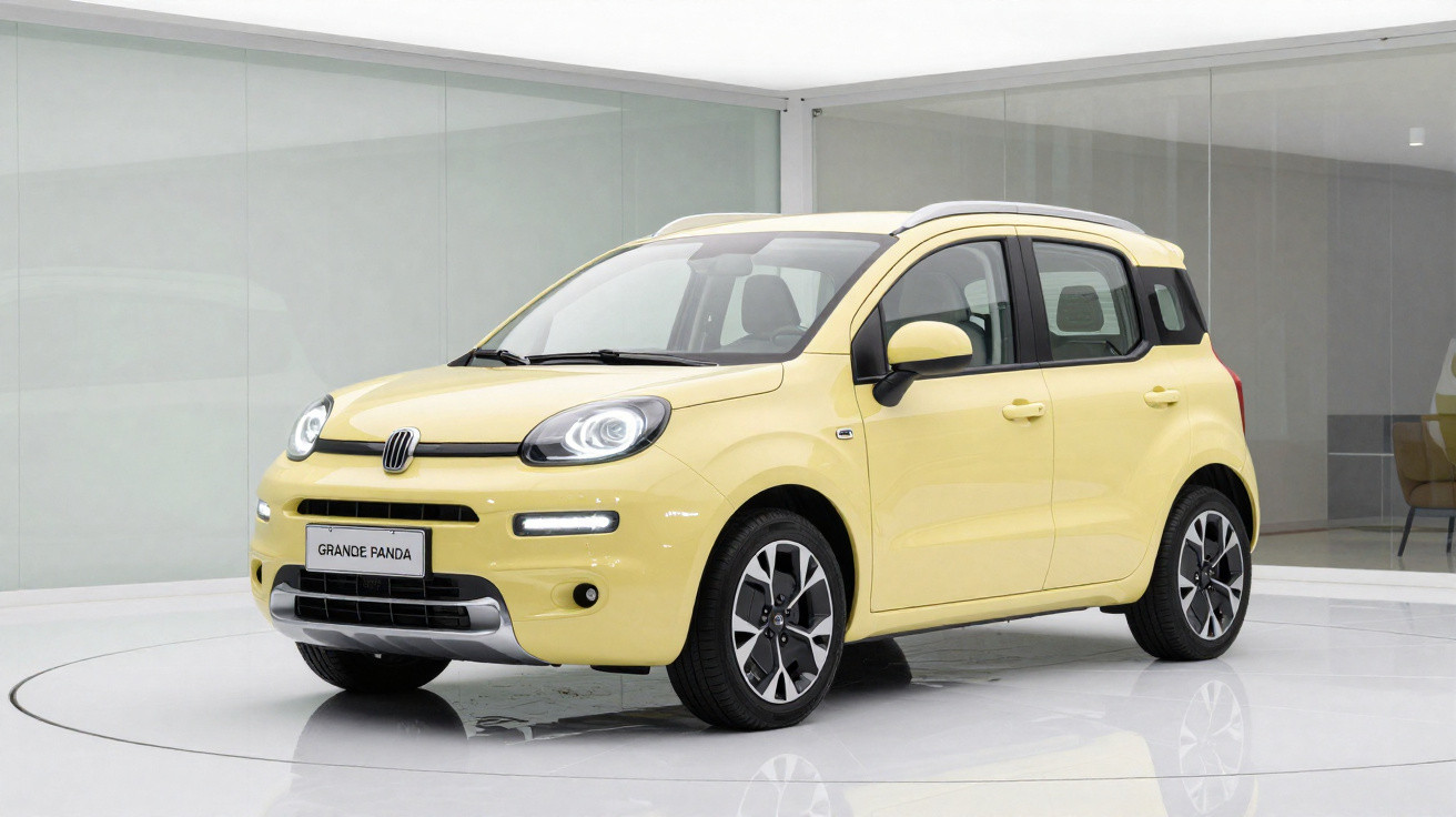 Yellow Fiat Grande Panda city car parked in a modern showroom with glass walls and white floor