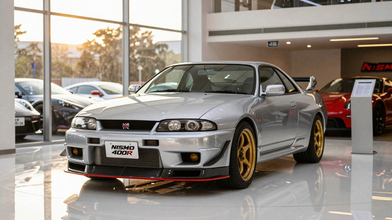 Silver Nissan Skyline GT-R R33 Nismo 400R with gold wheels displayed indoors at sunset.