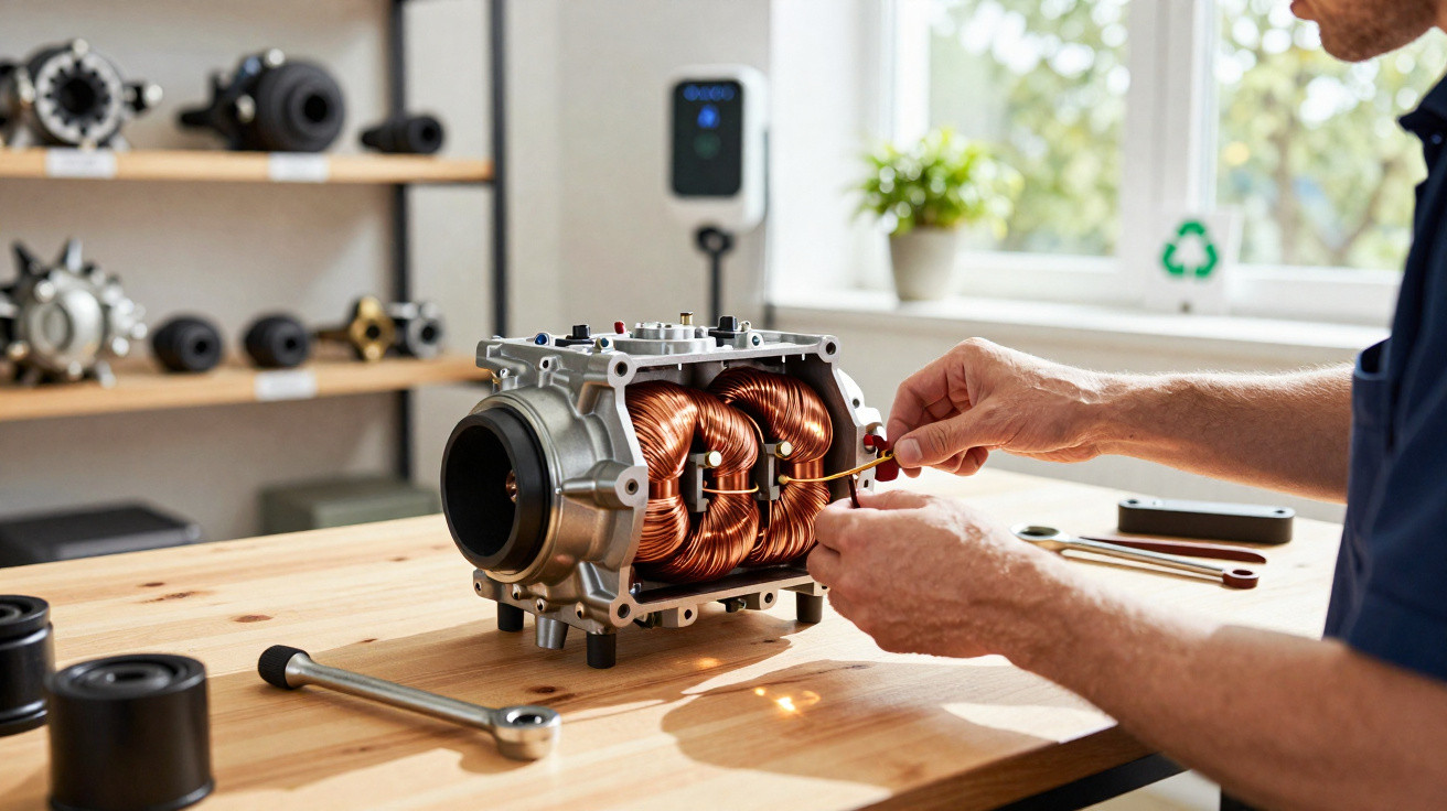 Person assembling or repairing an electric motor with visible copper coils on a wooden workbench.