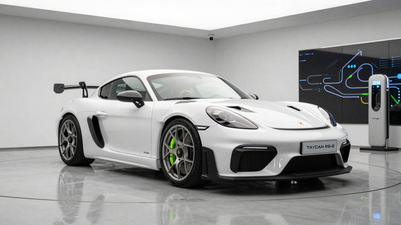 White Porsche Taycan RS 5 sports car displayed in a modern showroom with a racing track map on the wall.