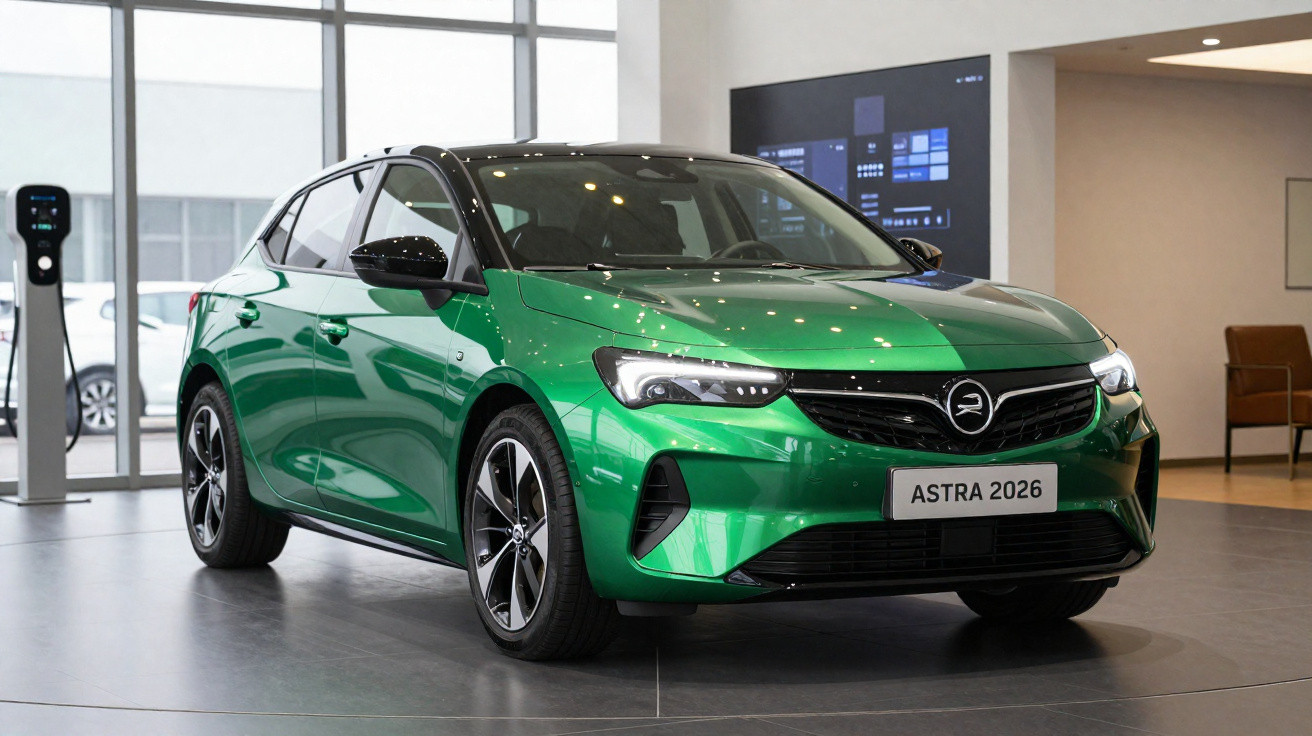 Green 2026 Astra hatchback car displayed indoors near a charging station and modern interior.