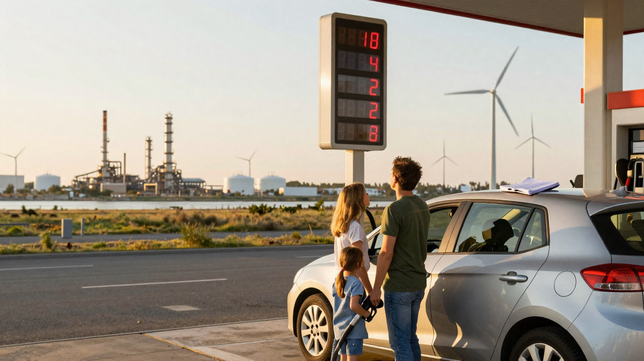 Family of three at petrol station with wind turbines and industrial plant in the background at sunset.