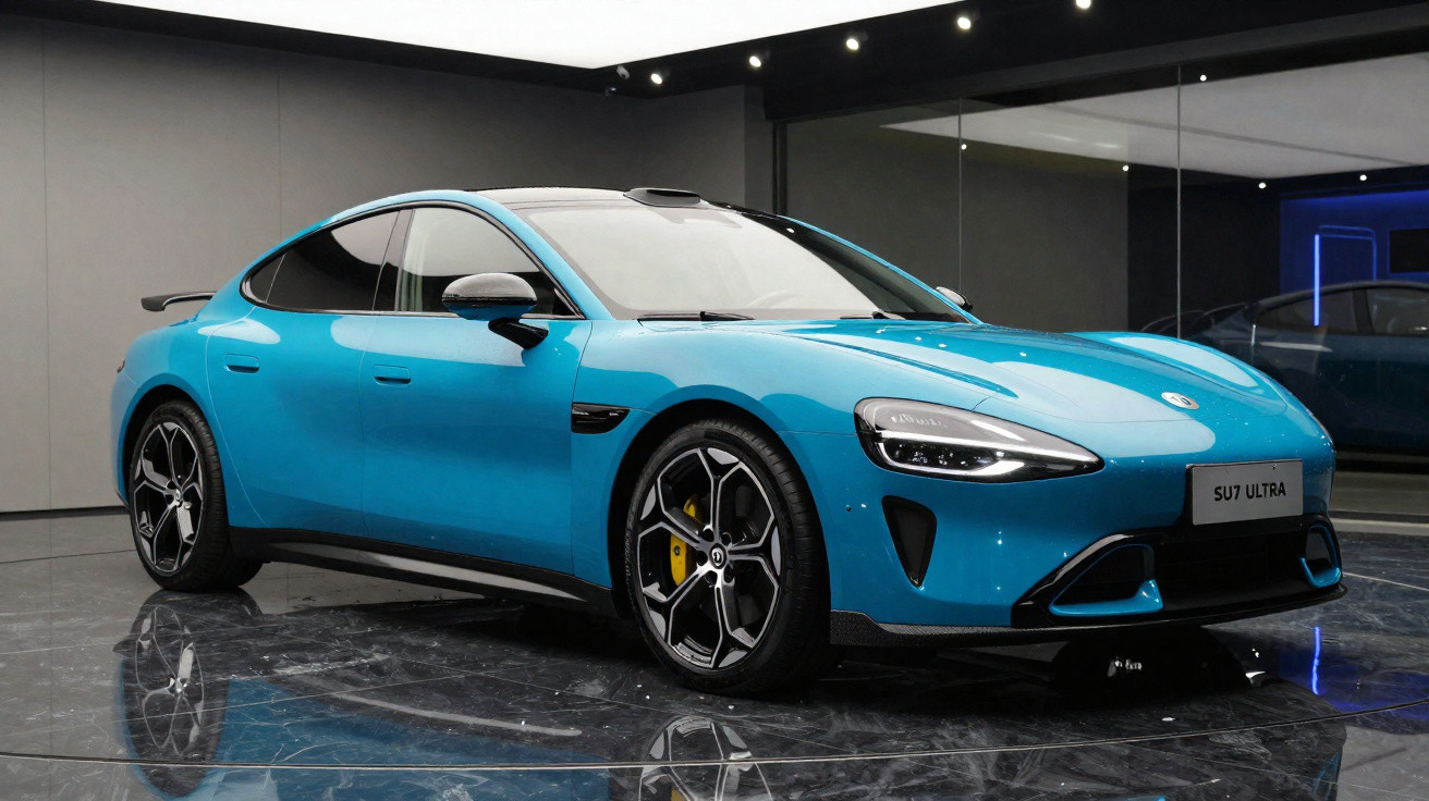 Blue electric sports sedan parked indoors on reflective marble floor with modern lighting and mirrors behind it.