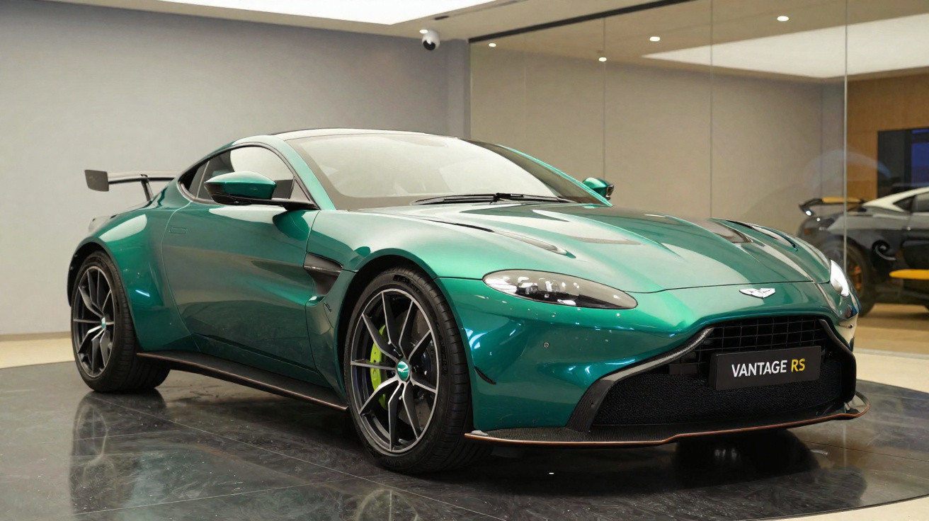 Green Aston Martin Vantage RS sports car displayed indoors with black alloy wheels and rear spoiler