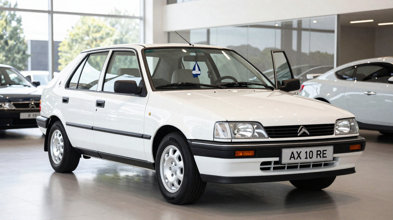 White classic Citroën hatchback with front right door open displayed in bright showroom.