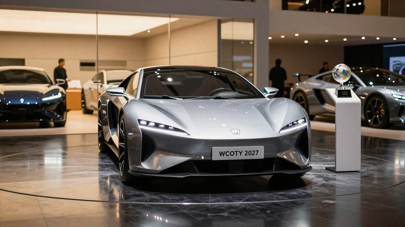 Silver futuristic sports car on display with a WCOTY 2027 plate and globe trophy beside it in a showroom.