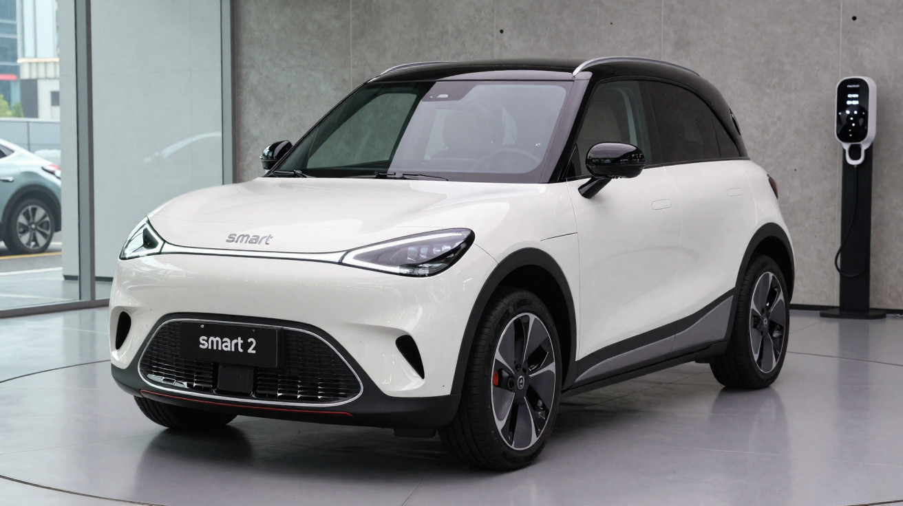 White and black Smart 2 electric car parked indoors near a charging station.