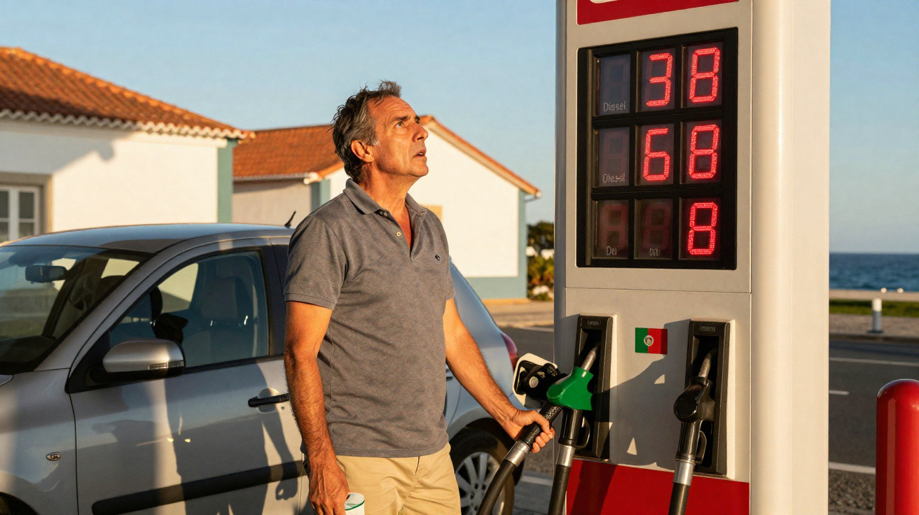 Middle-aged man looking at fuel prices while holding a petrol pump at a seaside petrol station.