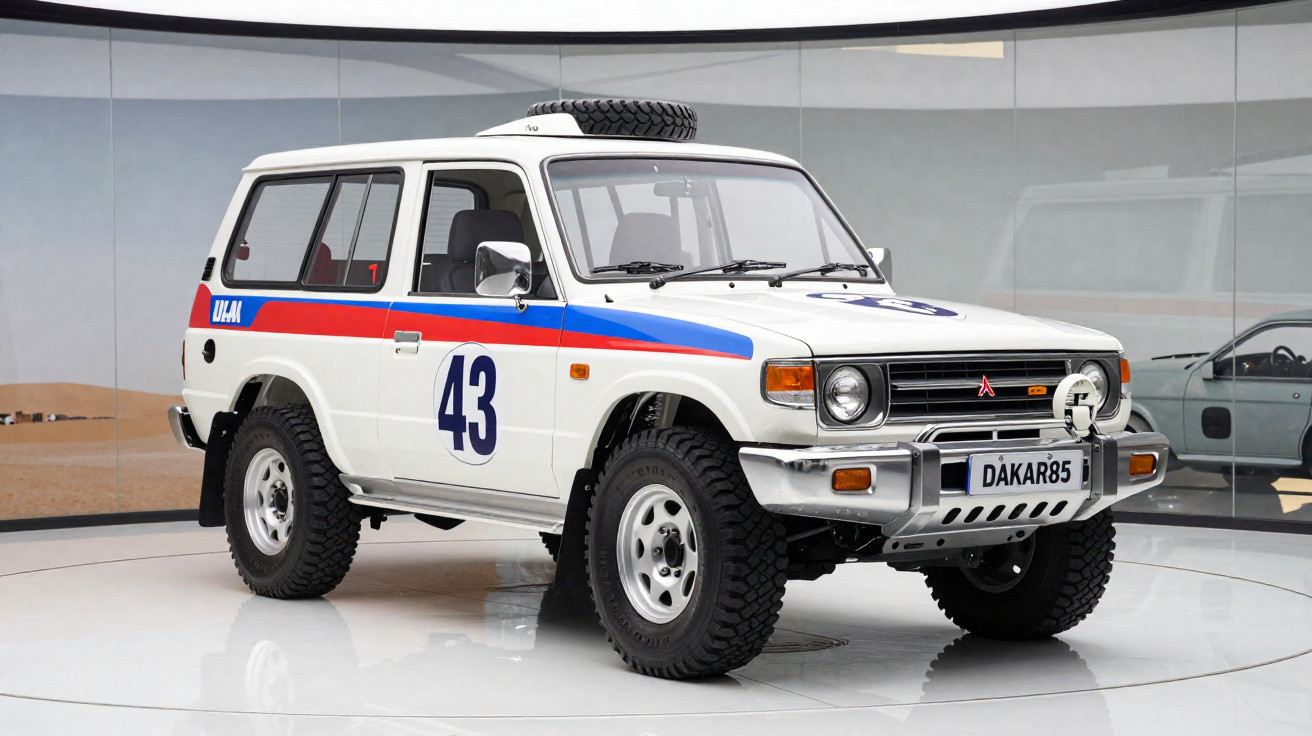 White Mitsubishi Pajero rally car with number 43 and off-road tyres displayed indoors.