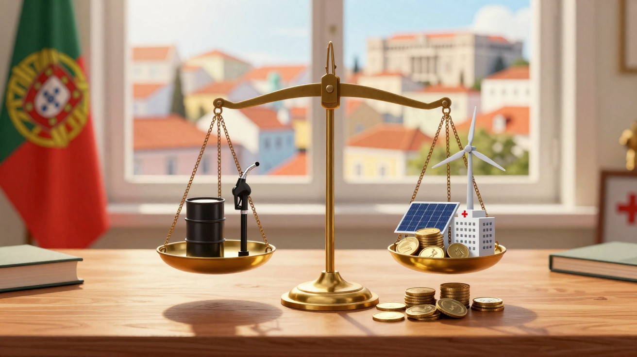 Gold balance scale with oil barrel and pump on one side and renewable energy icons with coins on the other, Portuguese flag i