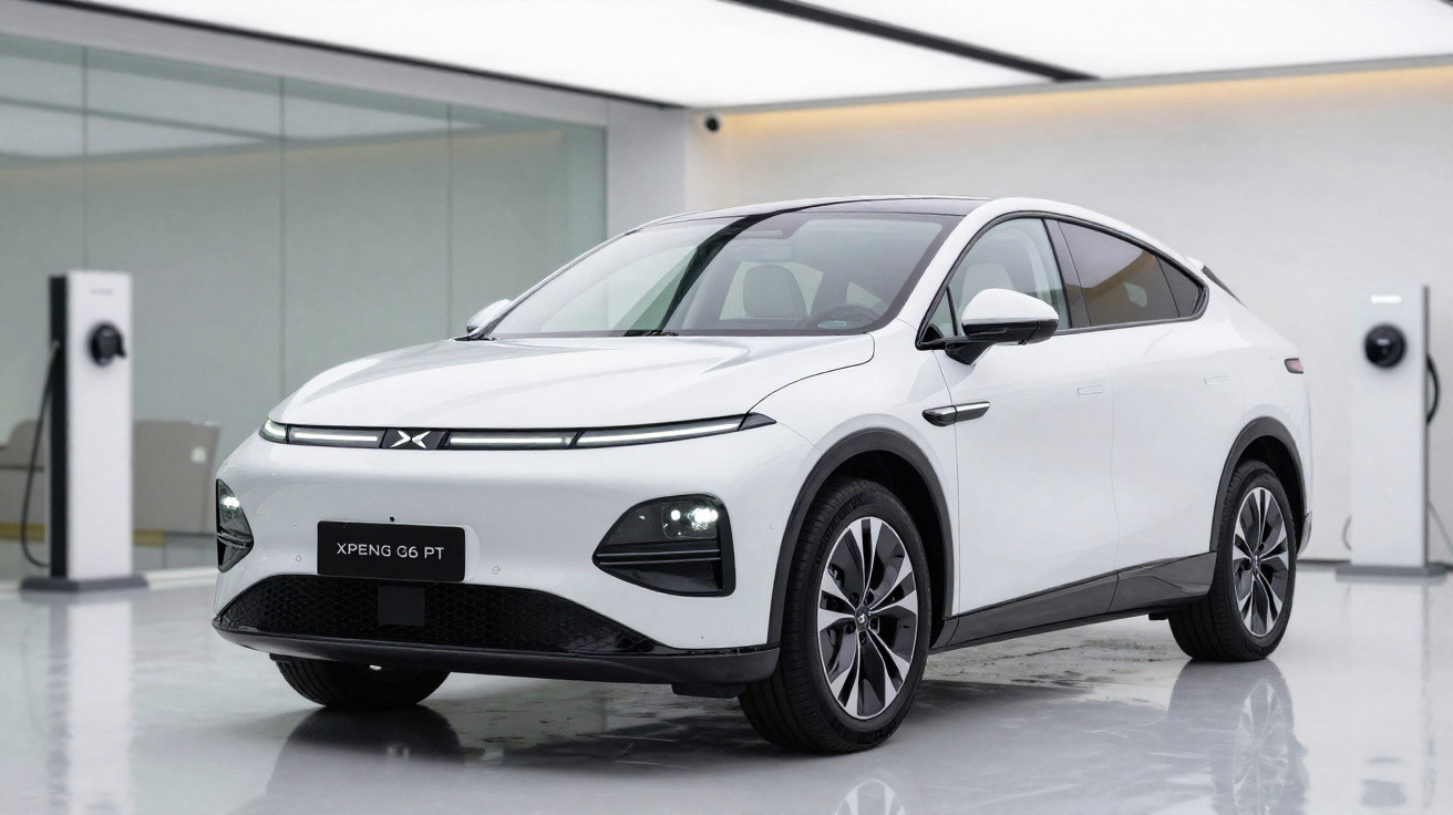 White XPeng G6 PT electric SUV in a bright showroom with charging stations in the background.