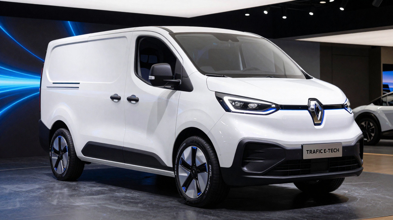 White Renault Trafic E-Tech electric van displayed indoors with sleek modern design and blue accents.
