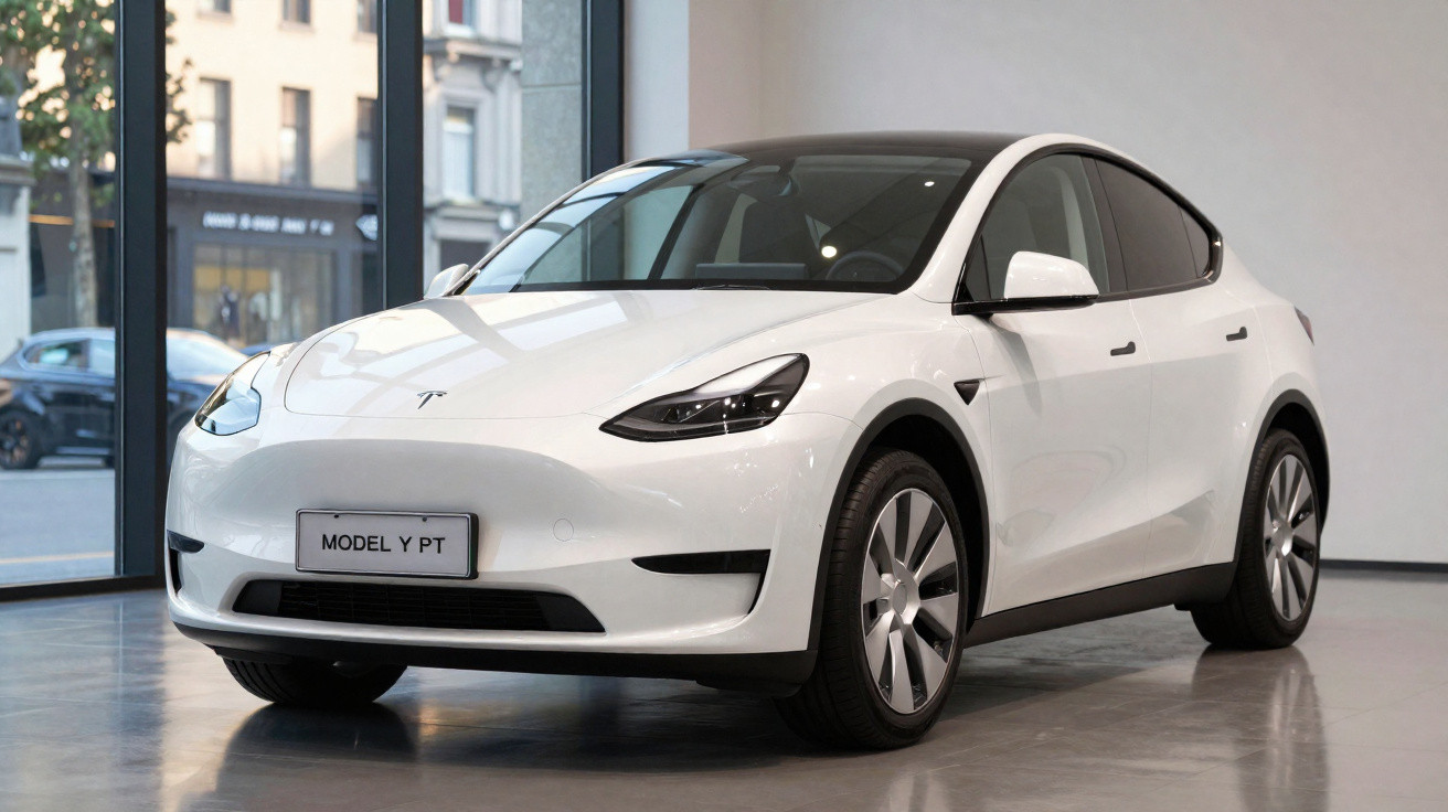 White Tesla Model Y electric car displayed indoors with city view through large windows.