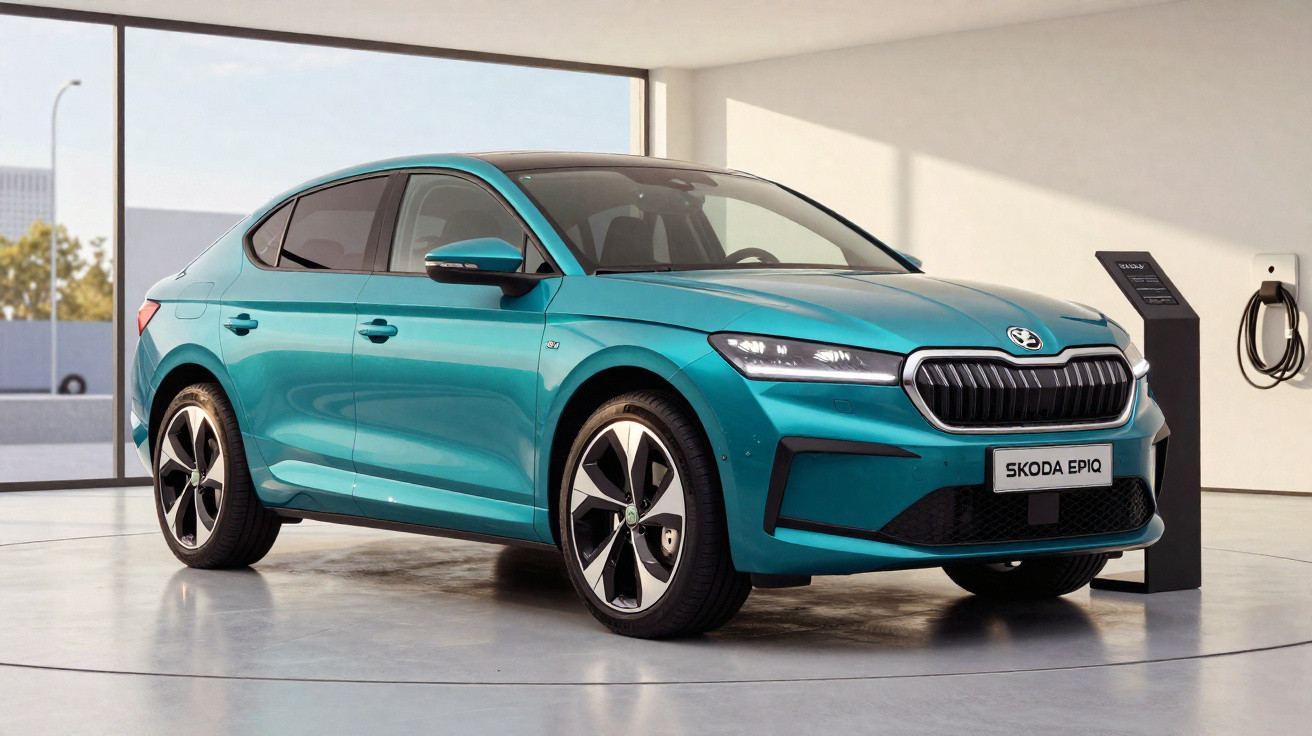 Teal Skoda Epiq electric car parked indoors next to a charging station with a coil charging cable.