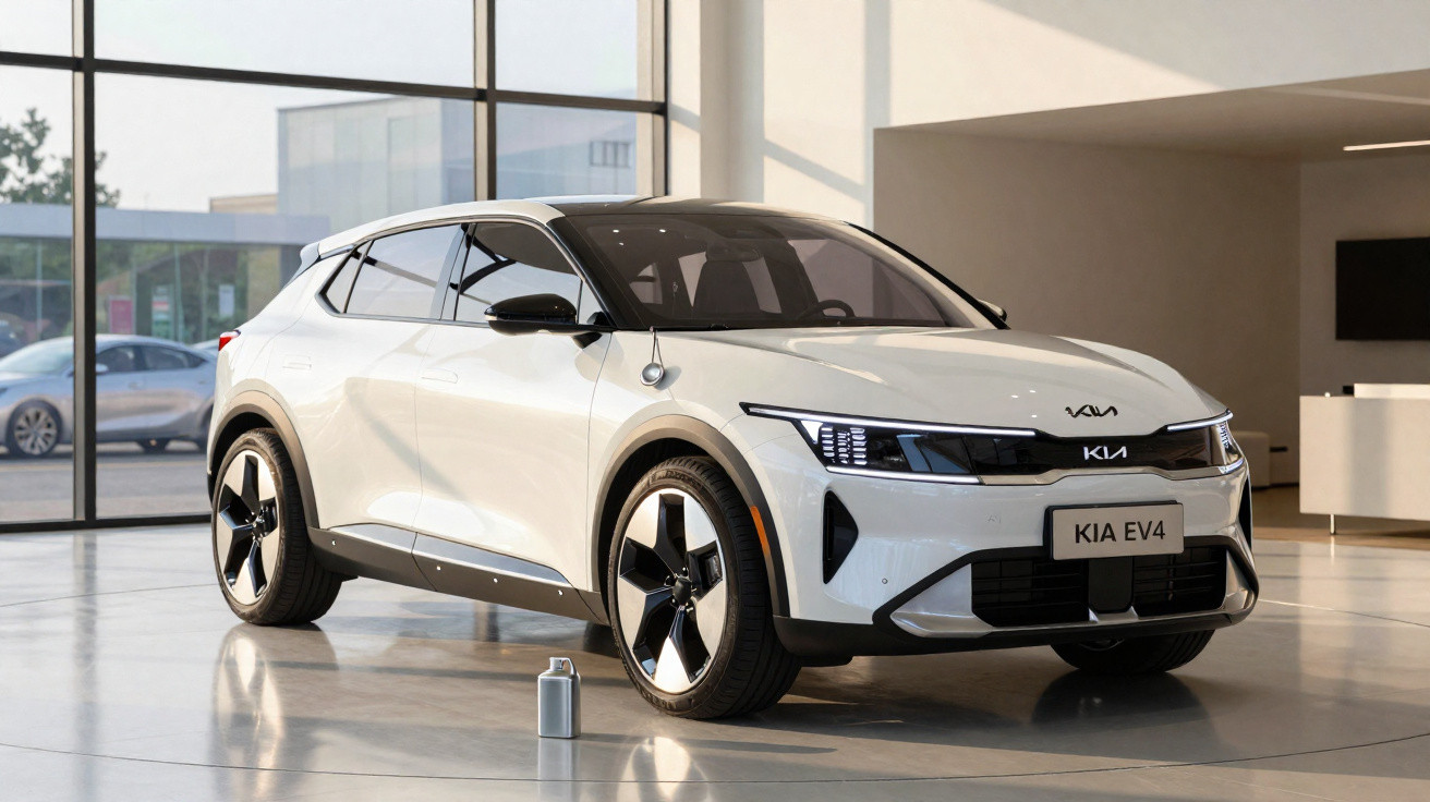 White Kia EV4 electric SUV displayed indoors with glossy floor and large windows in the background