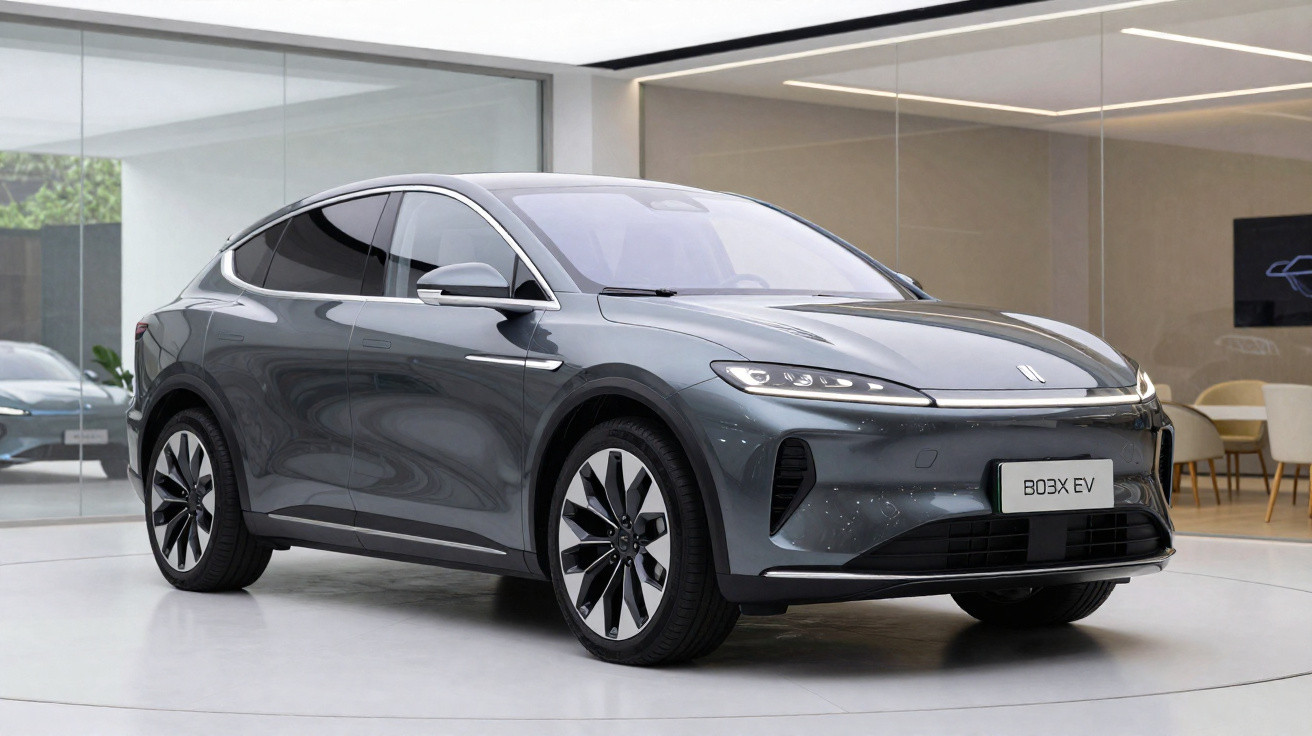 Sleek grey electric SUV parked inside a modern showroom with glass walls and minimalist decor.