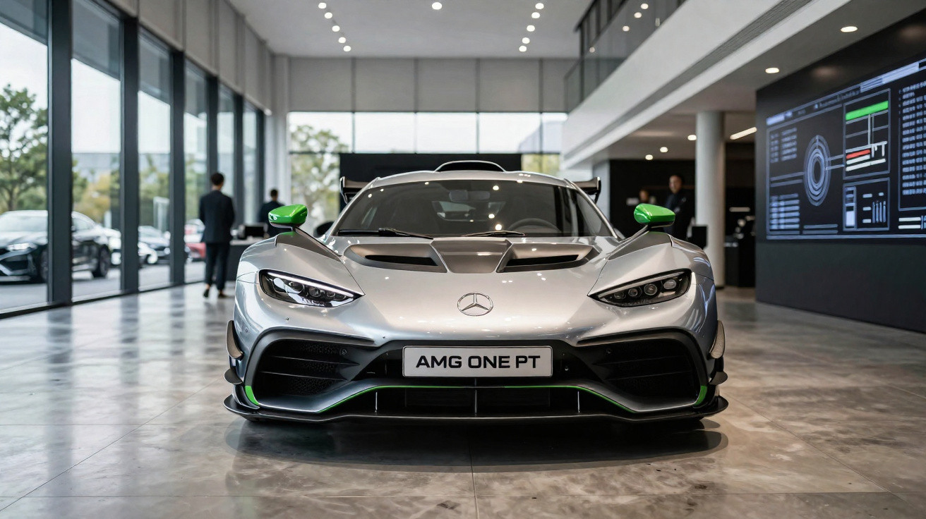 Front view of a silver Mercedes-AMG One hypercar displayed in a modern showroom with digital screens.