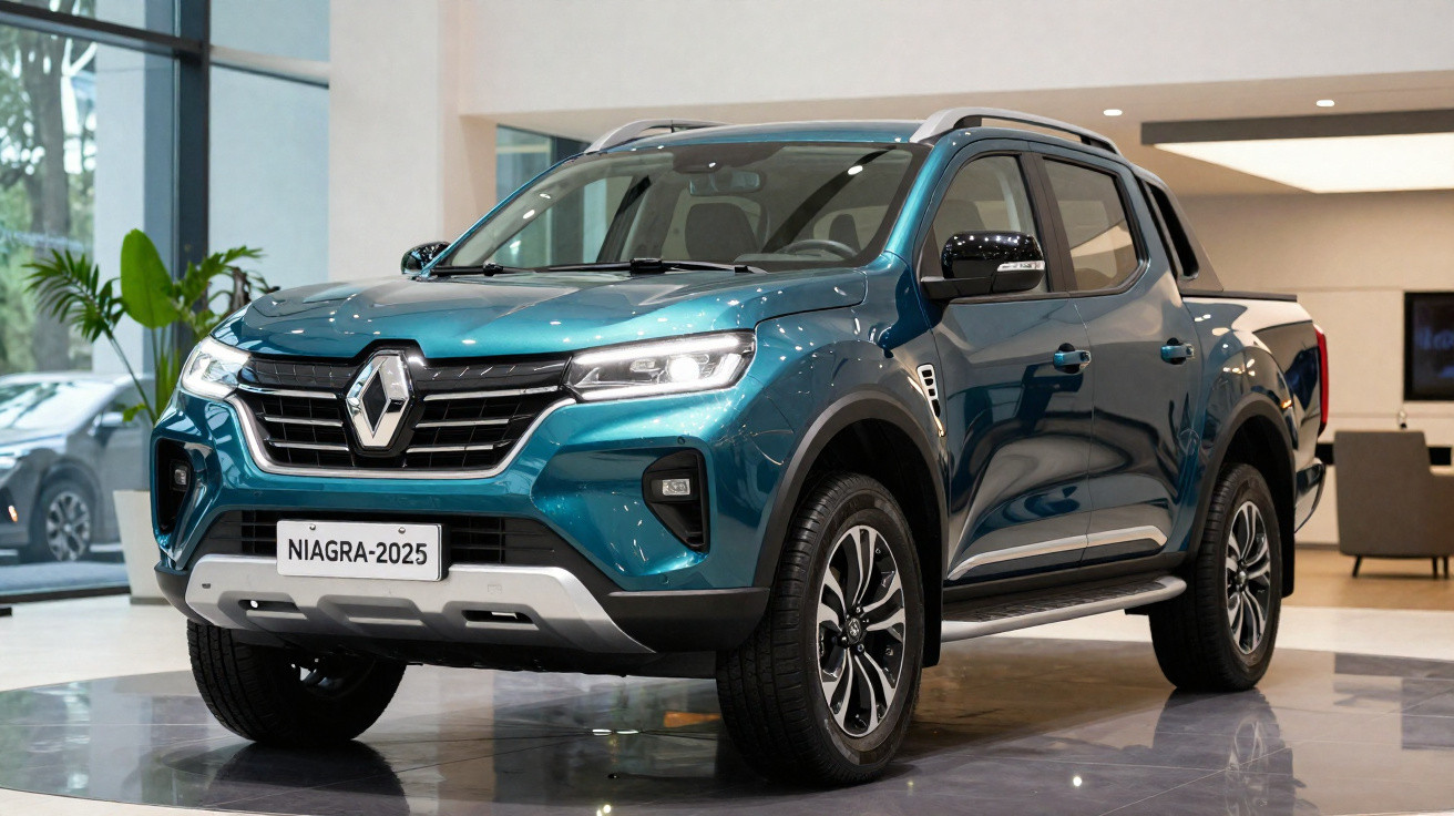 Blue Renault pickup truck parked inside a showroom with polished floors and modern decor.