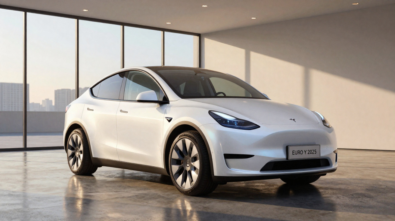 White Tesla electric SUV parked indoors with large windows and cityscape in the background.
