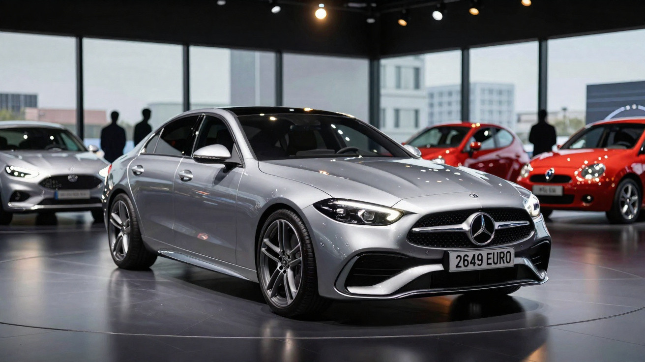 Silver Mercedes-Benz sedan on display in a showroom with other cars and silhouetted people in the background.