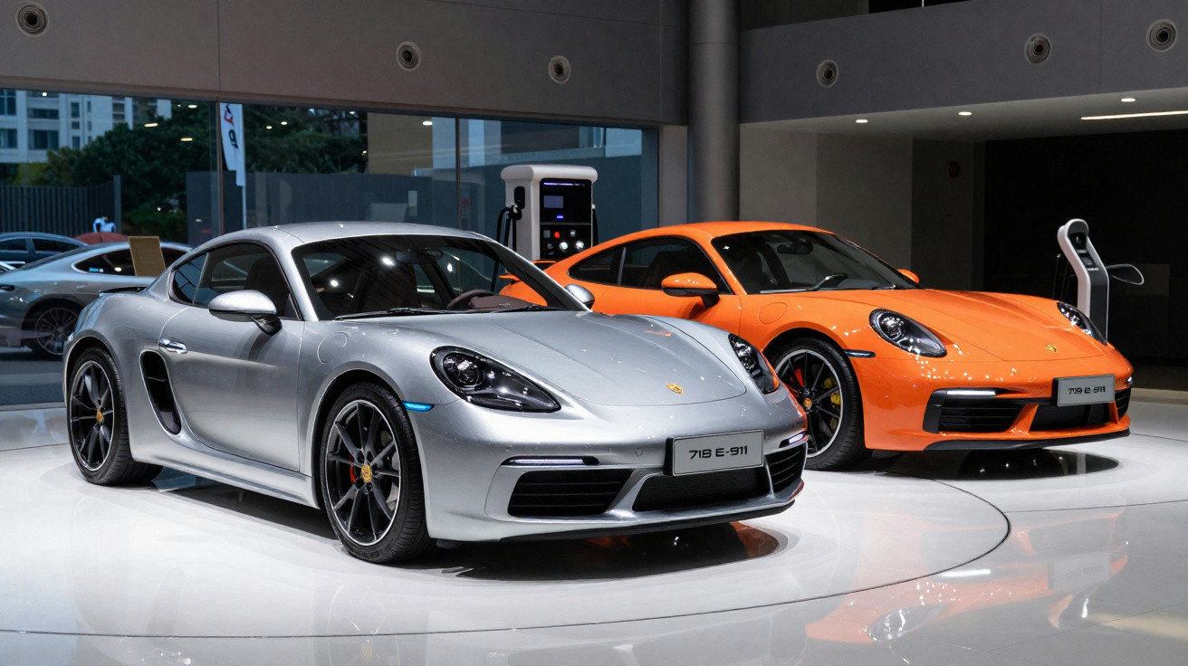 Silver Porsche 718 E-911 and orange Porsche 718 GTS sports cars displayed indoors.