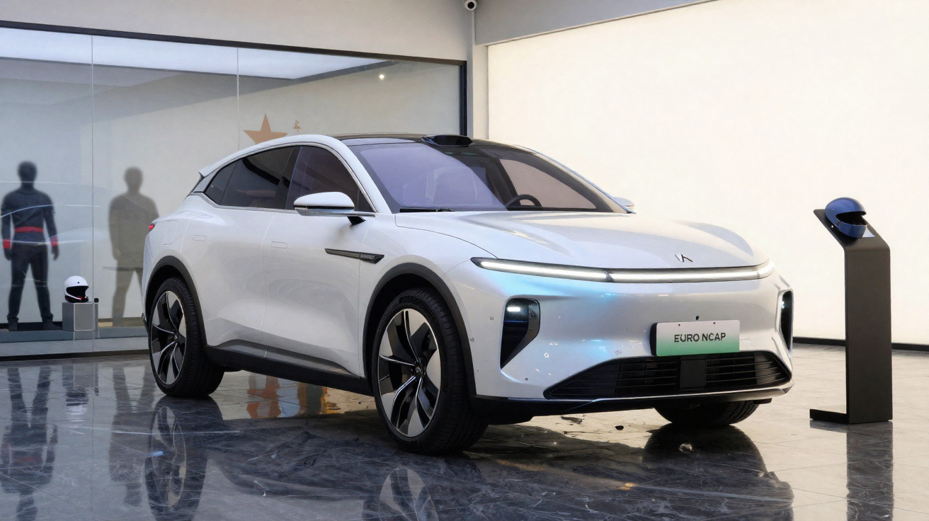 White electric crossover vehicle displayed indoors with Euro NCAP sign on front license plate area.