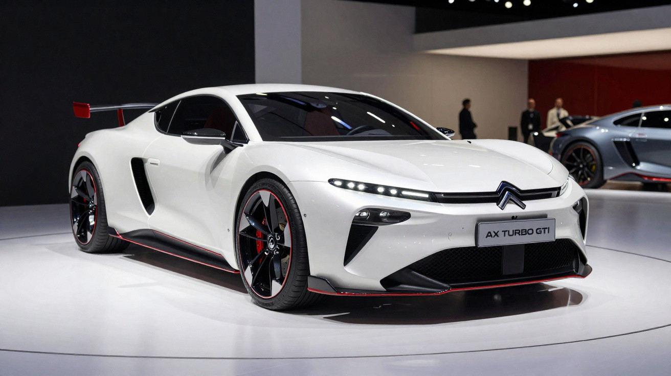 White Citroën AX Turbo GTI sports car with black and red detailing on display indoors.
