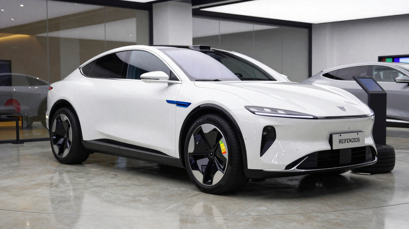 Sleek white electric car with black alloy wheels displayed in a modern showroom with reflective flooring.