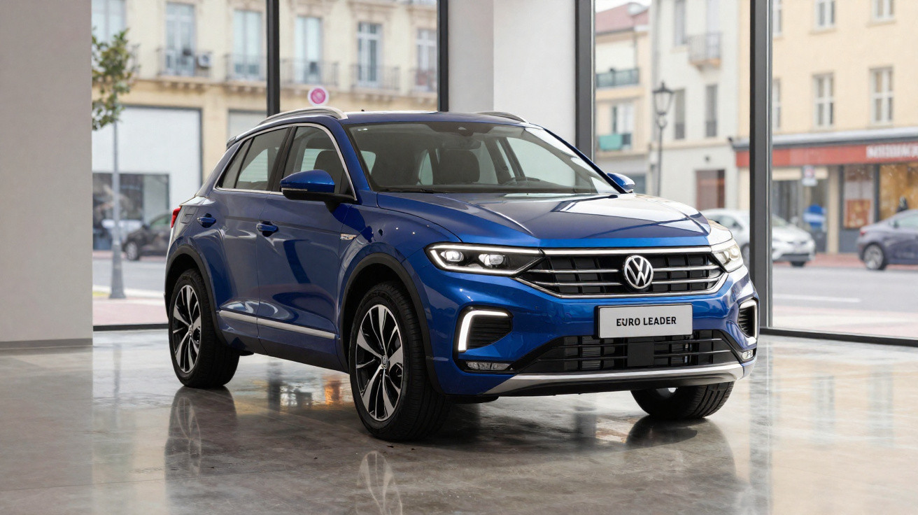 Blue Volkswagen Euro Leader SUV displayed indoors in front of large glass windows with urban buildings outside.