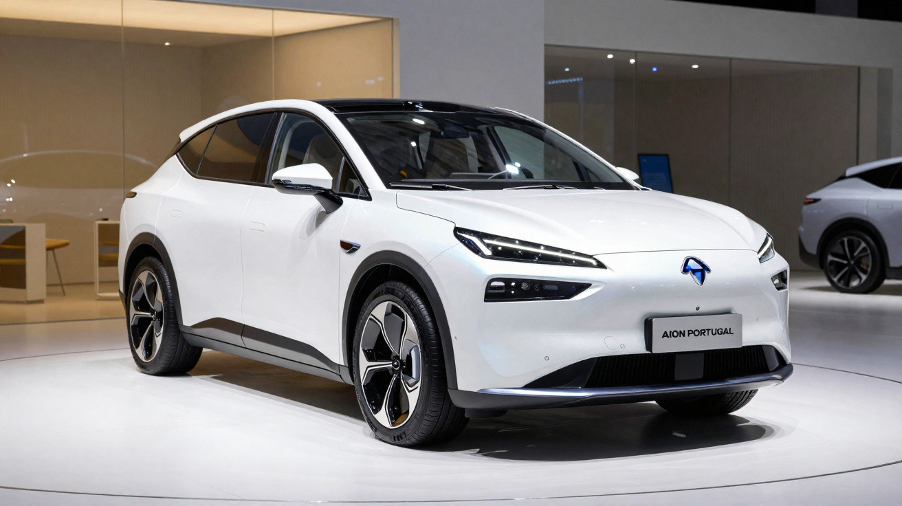 White Aion Portugal electric SUV displayed in a modern showroom with sleek design and black detailing.