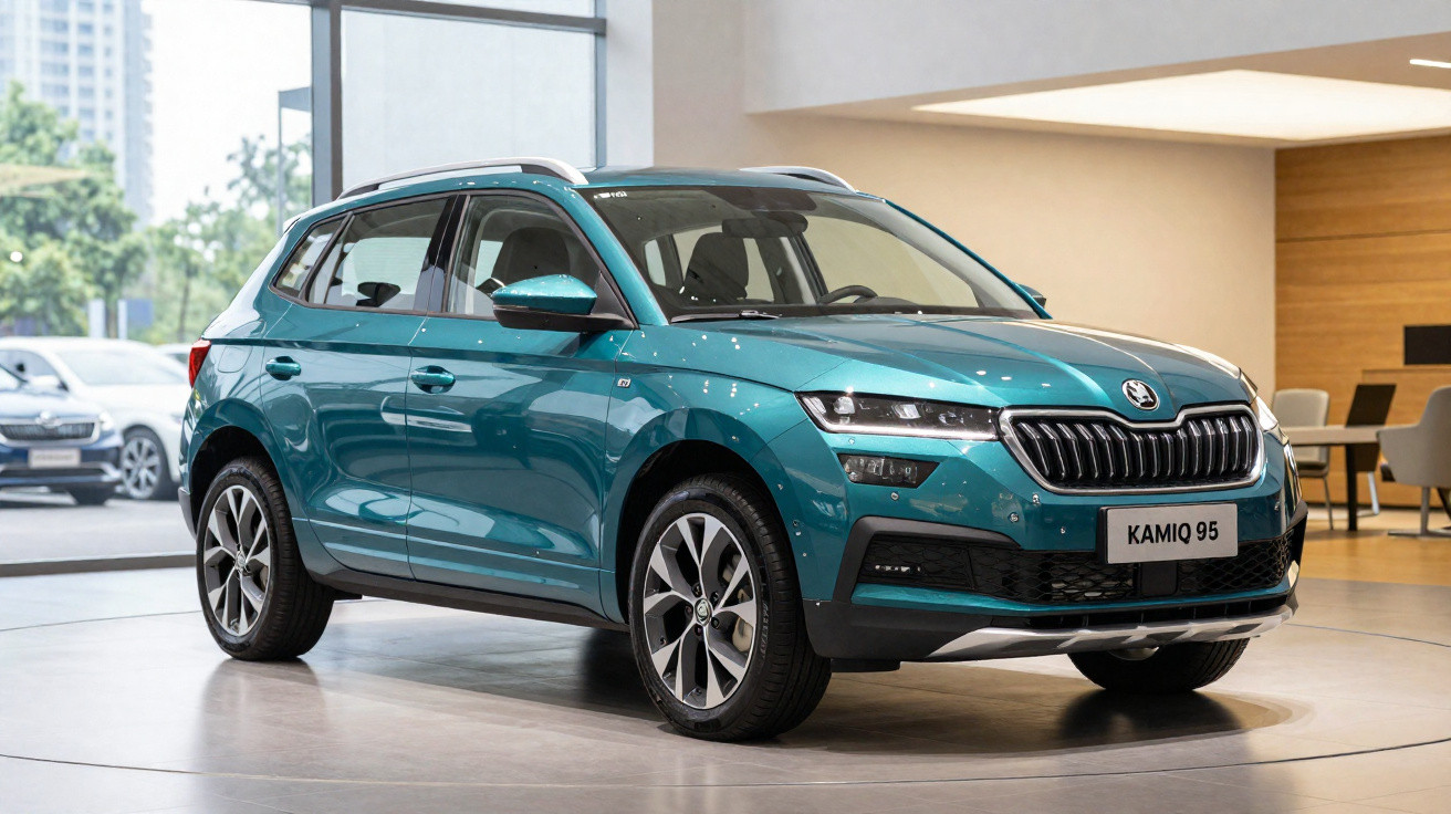 Teal Skoda Kamiq 95 compact SUV displayed indoors on a showroom platform with modern furniture in the background.