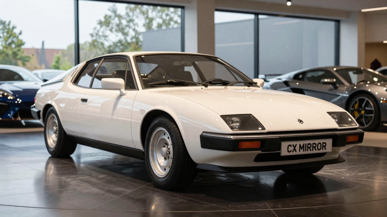 White vintage sports car displayed indoors with CX MIRROR licence plate and modern cars in background