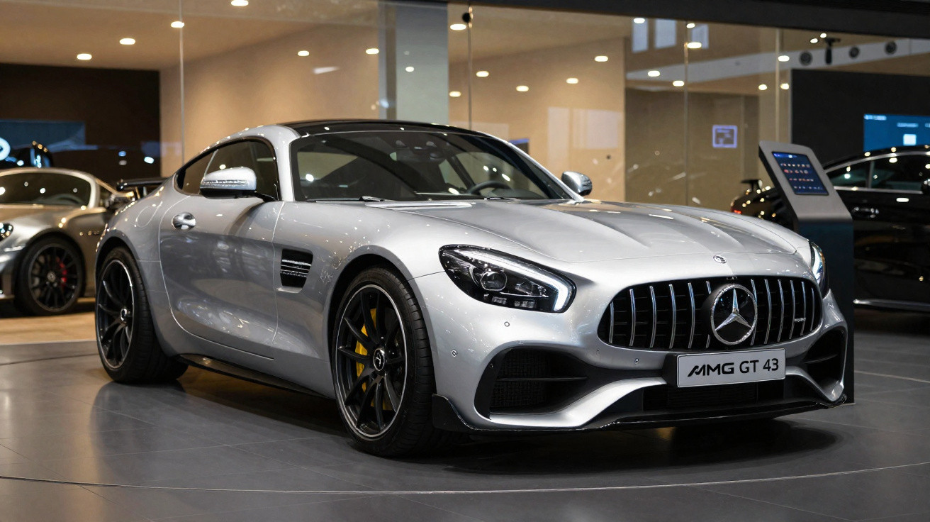 Silver Mercedes AMG GT 43 sports car displayed indoors on showroom floor.