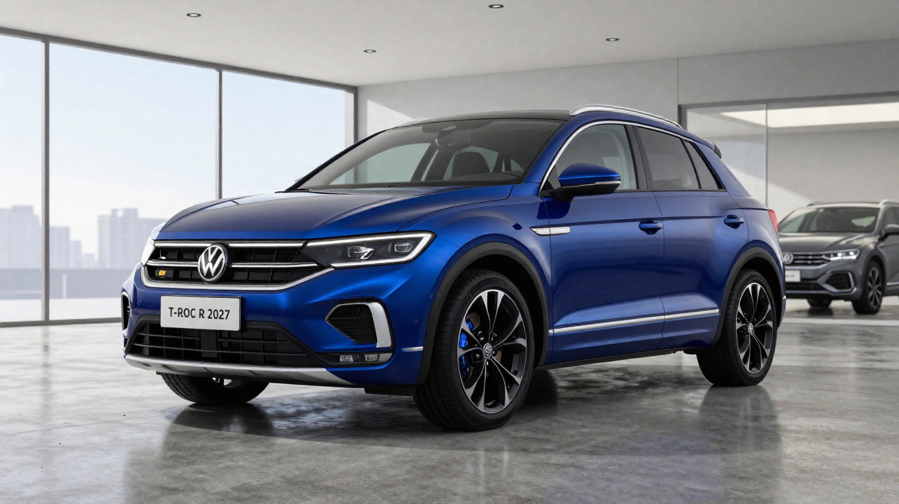 Blue Volkswagen T-Roc R 2027 model parked in a modern showroom with large windows and a grey floor.