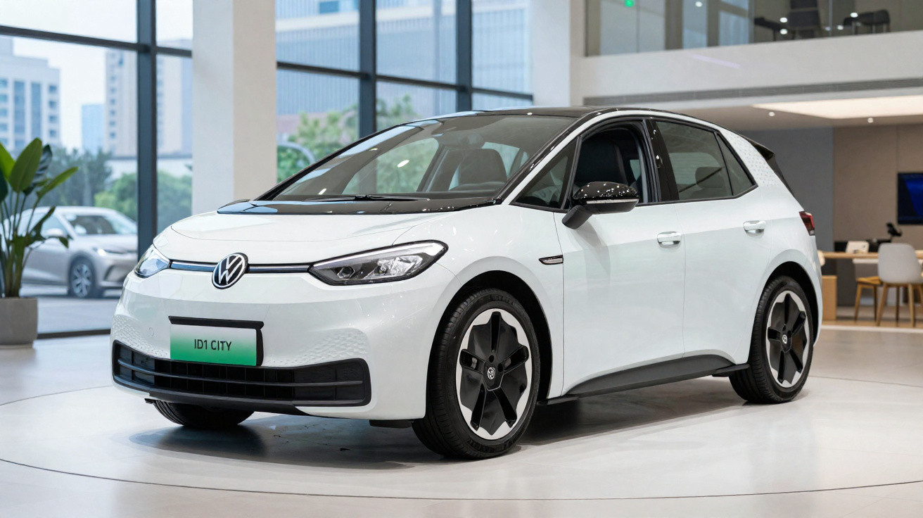 White Volkswagen ID.1 City electric car displayed in a modern showroom with large windows and cityscape view.