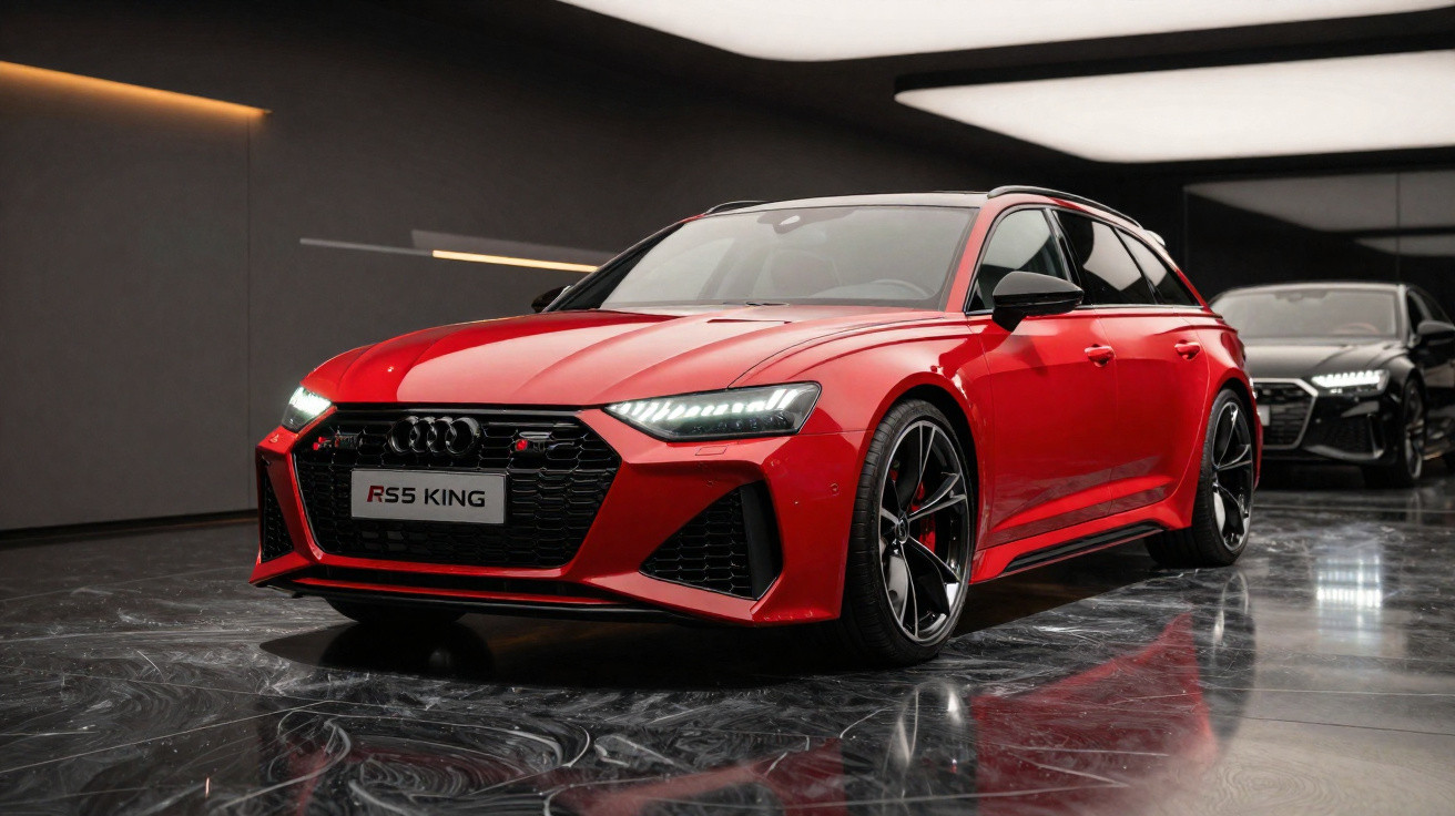 Red Audi RS5 King parked indoors on a glossy floor with a black car in the background.