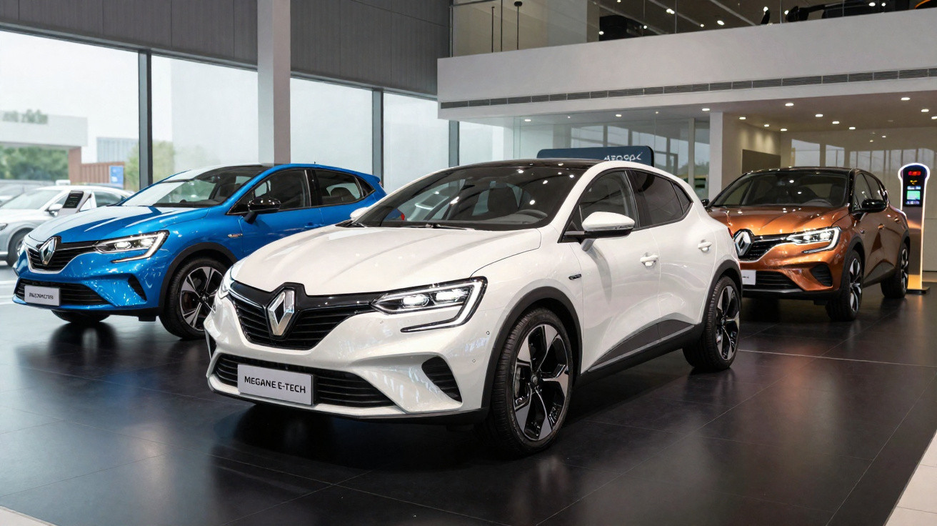 Three Renault electric cars-white, blue, and bronze-displayed in a modern showroom with large windows.