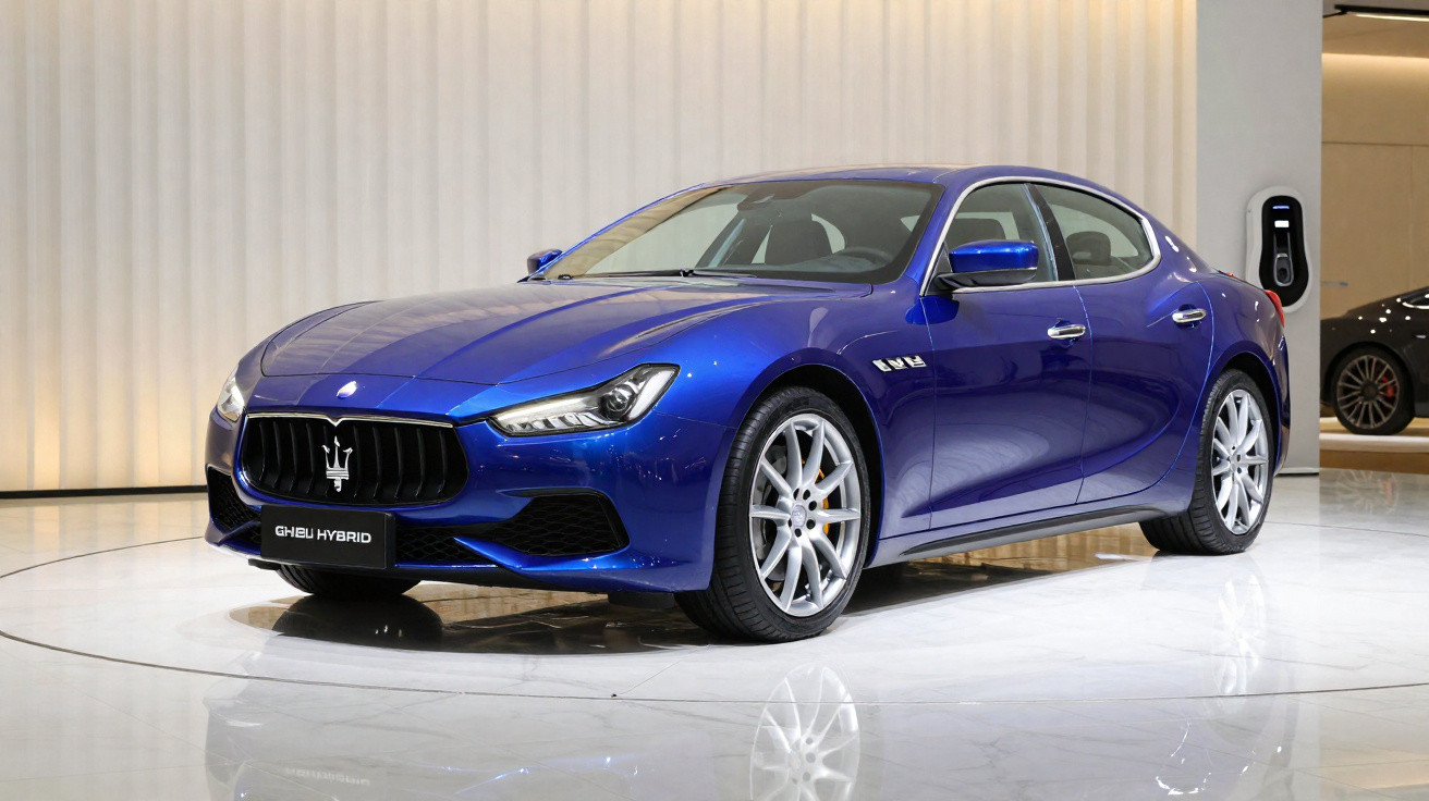 Blue Maserati Ghibli Hybrid sedan displayed on a glossy white floor with soft lighting in the background.