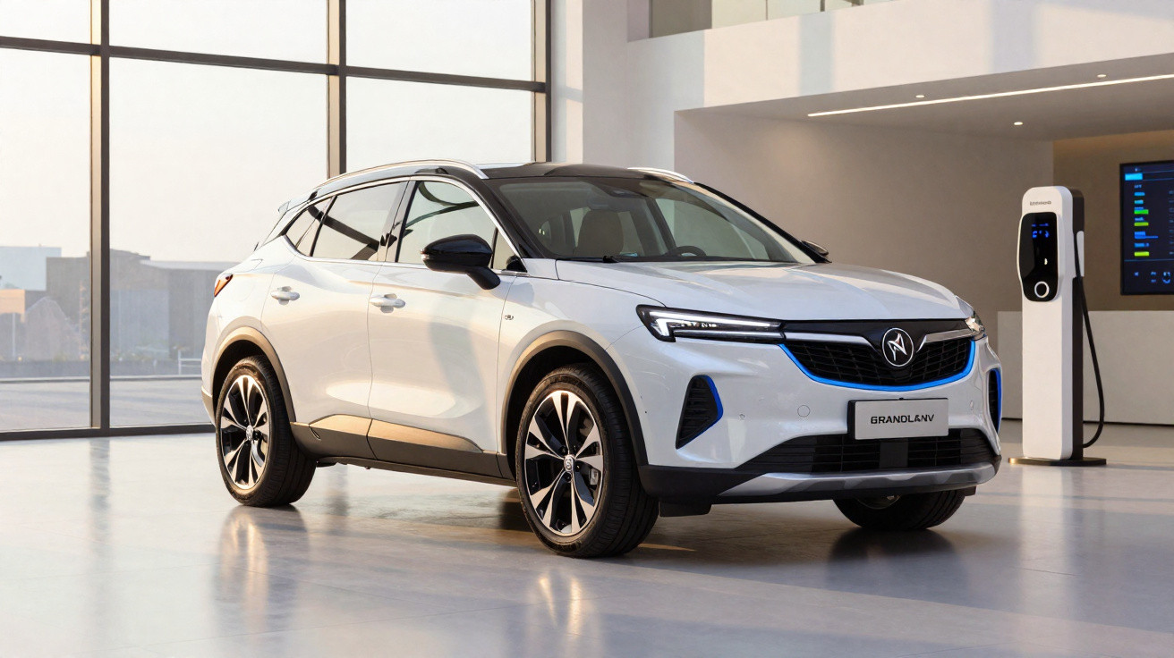 White modern electric SUV parked indoors next to a charging station in a bright showroom.