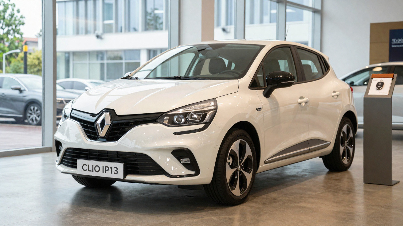 White Renault Clio hatchback displayed inside a modern showroom with large windows.