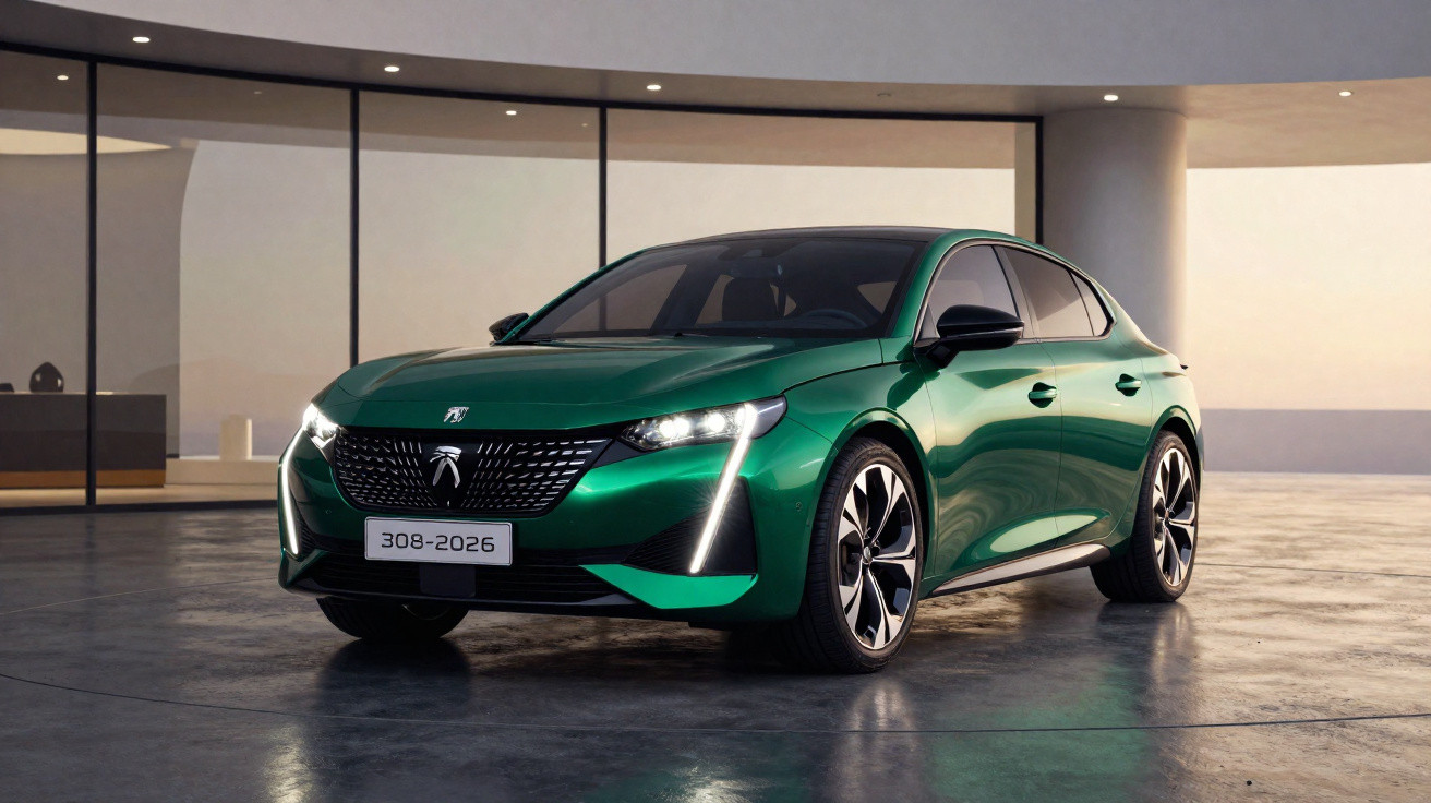 Green Peugeot 308 car parked on a glossy floor in front of a modern building with large windows.