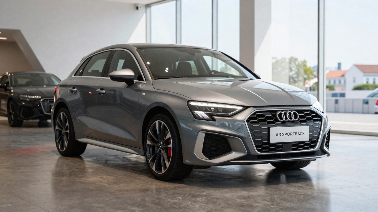 Grey Audi A3 Sportback parked indoors with modern building windows and another black car in the background.