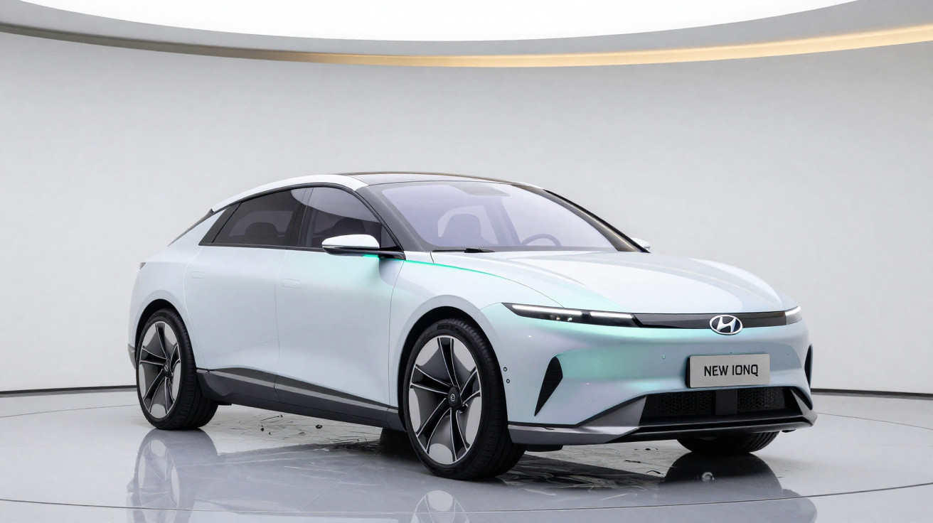 White Hyundai New Ioniq electric car displayed in a minimalist, well-lit studio with reflective flooring.