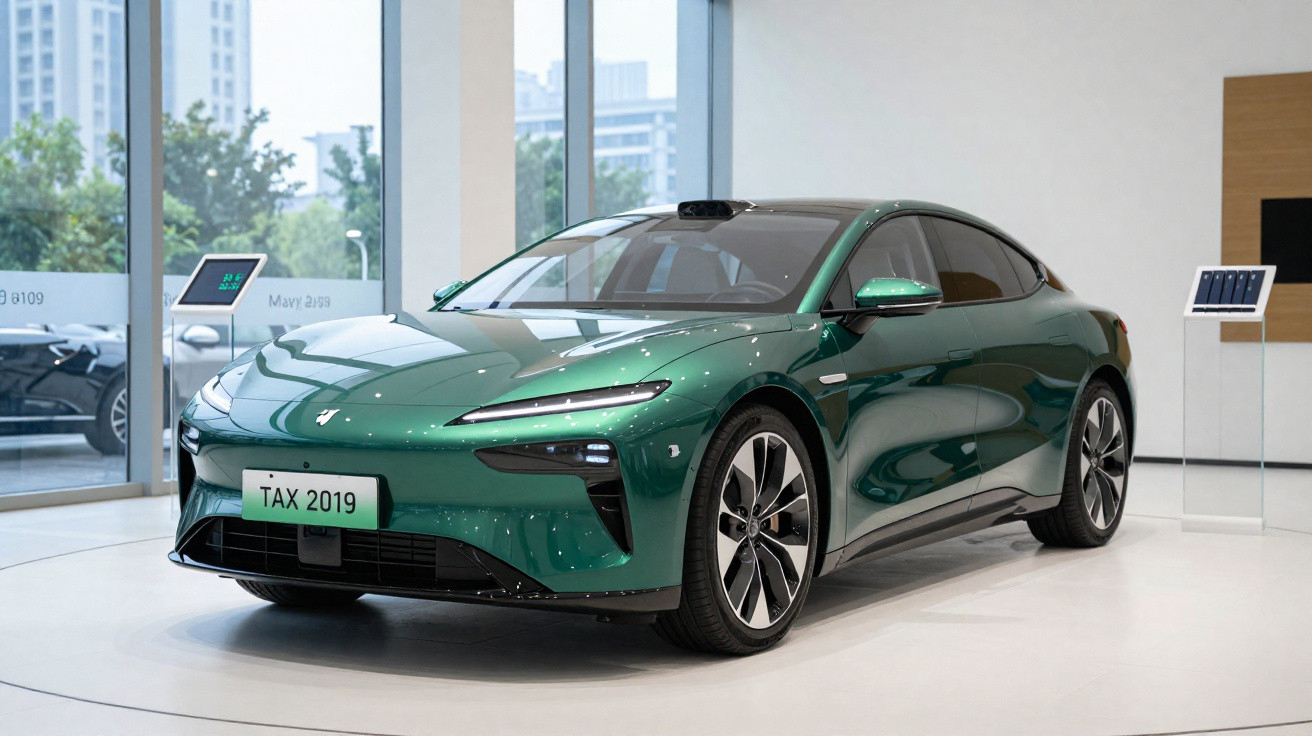 Green sleek electric car displayed indoors with "TAX 2019" number plate under bright showroom lighting