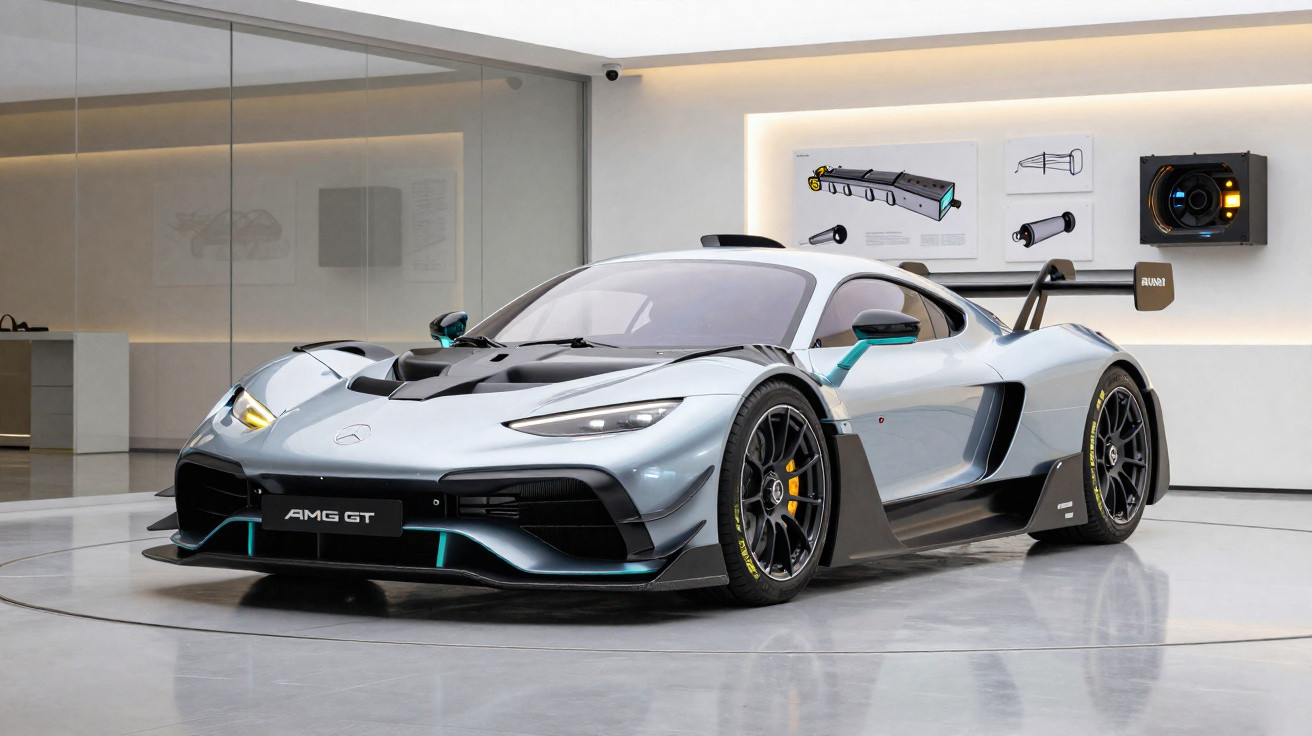 Silver Mercedes-AMG GT race car with black accents displayed in a modern showroom with glass walls.